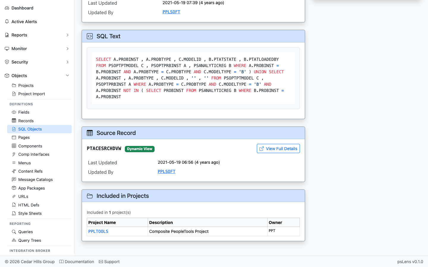 Source Record panel linking to PTACESRCHDVW