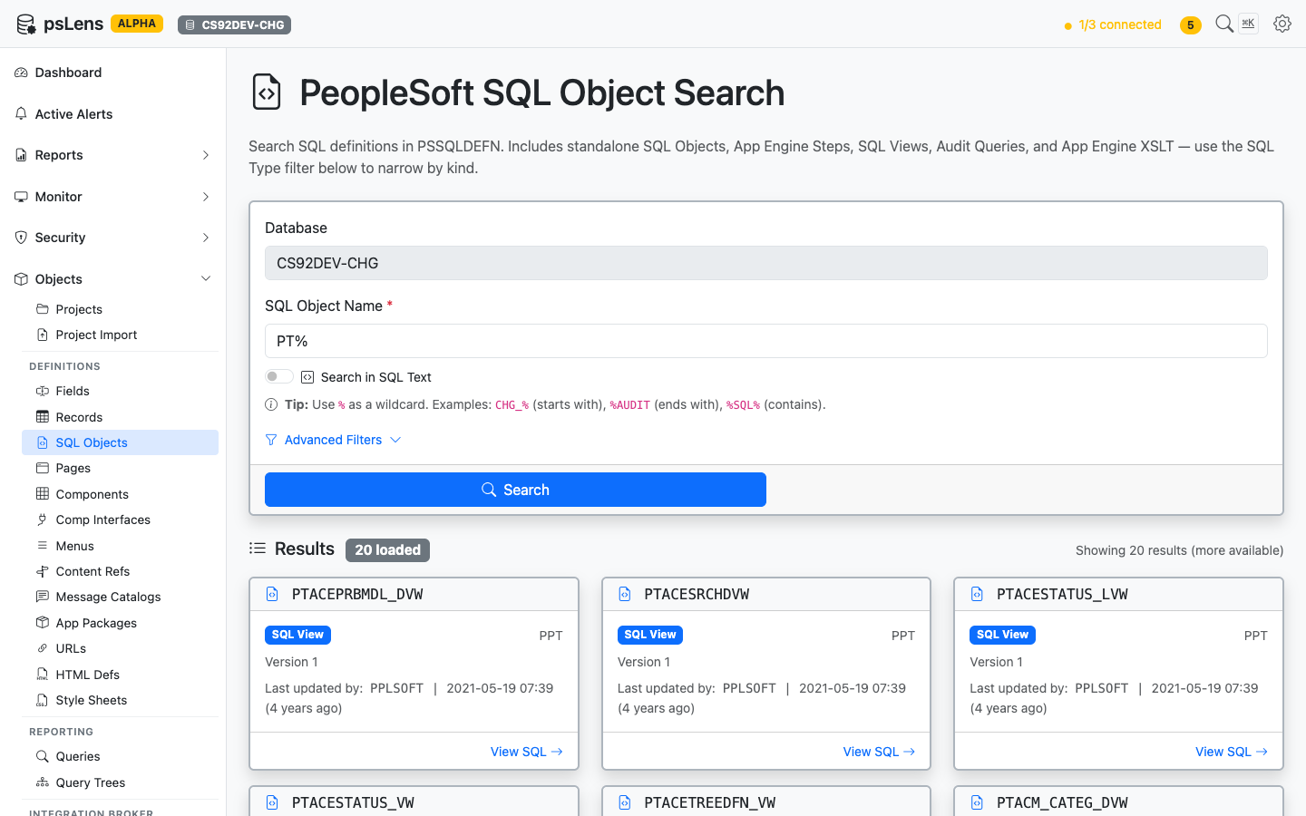 SQL Object search results for PT% showing PTACEPRBMDL_DVW, PTACESRCHDVW, and others