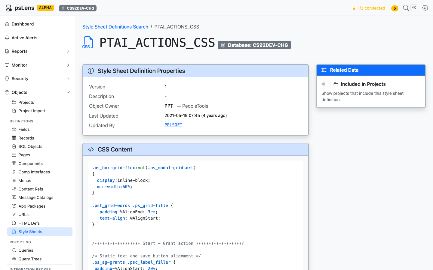 Detail page for PTAI_ACTIONS_CSS style sheet