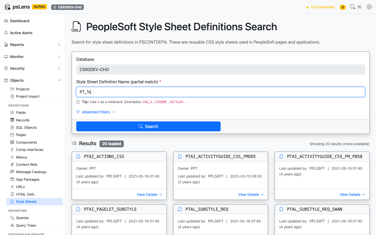 Style Sheet search results for PT_% showing PTAI_ACTIONS_CSS and other delivered style sheets