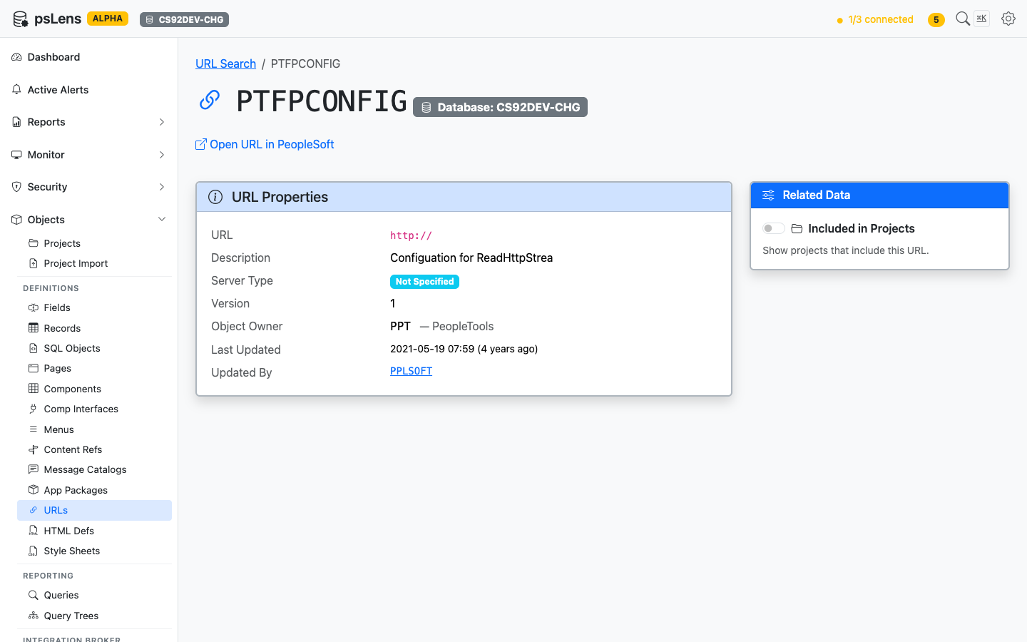 Detail page for PTFPCONFIG URL definition