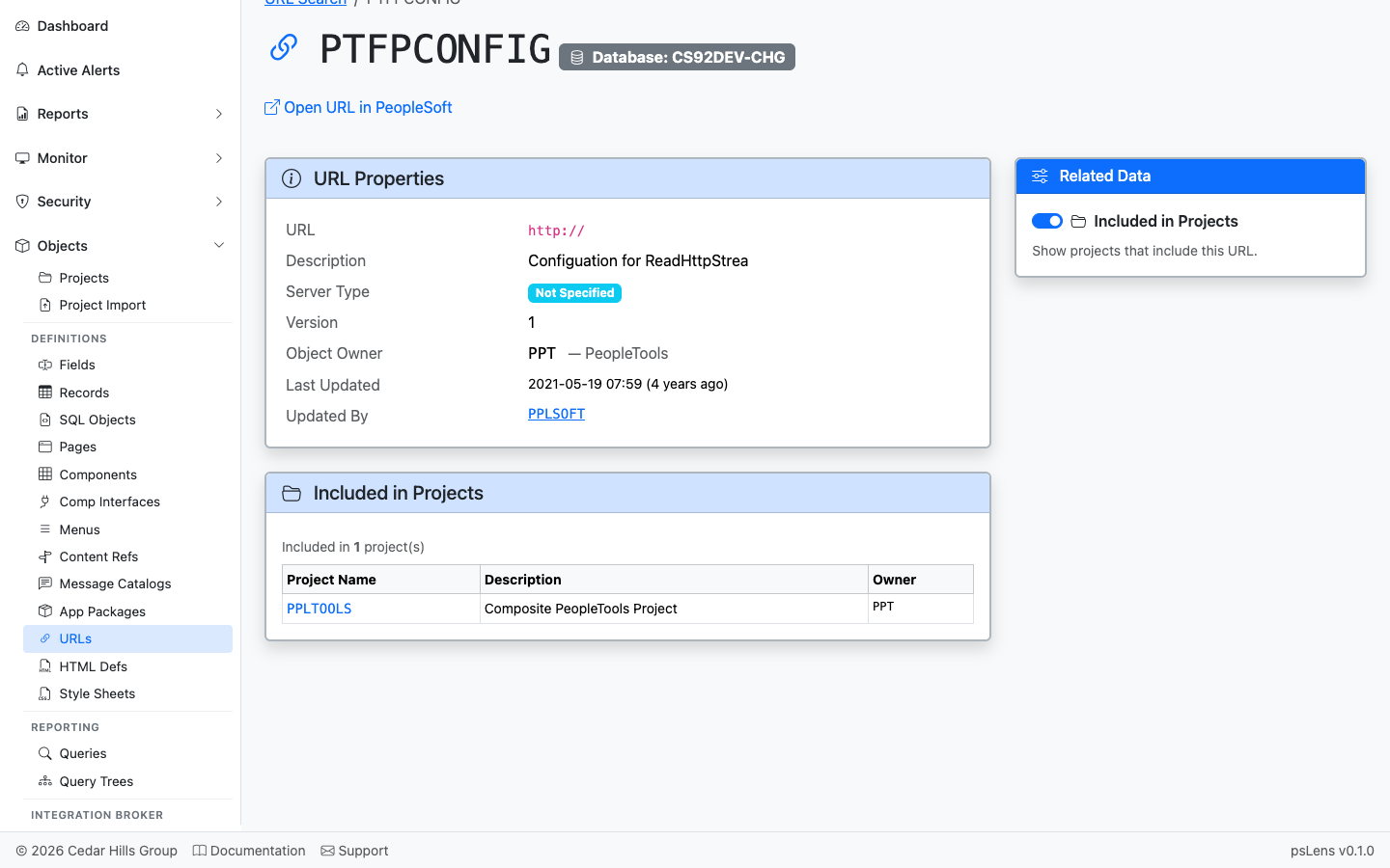 Included in Projects panel for the URL