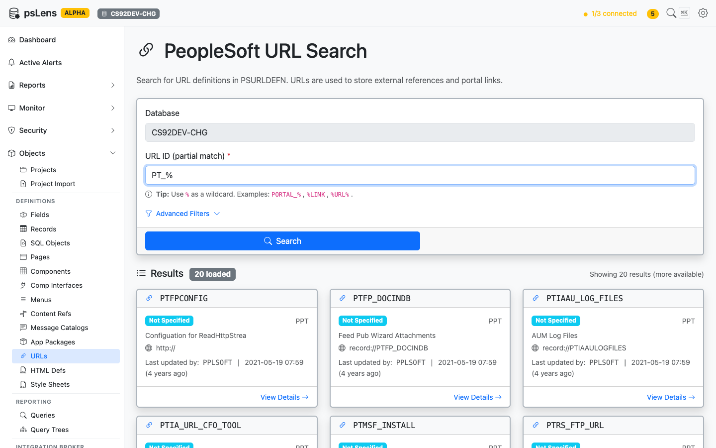 URL search results for PT_% showing PTFPCONFIG, PTFP_DOCINDB, and others