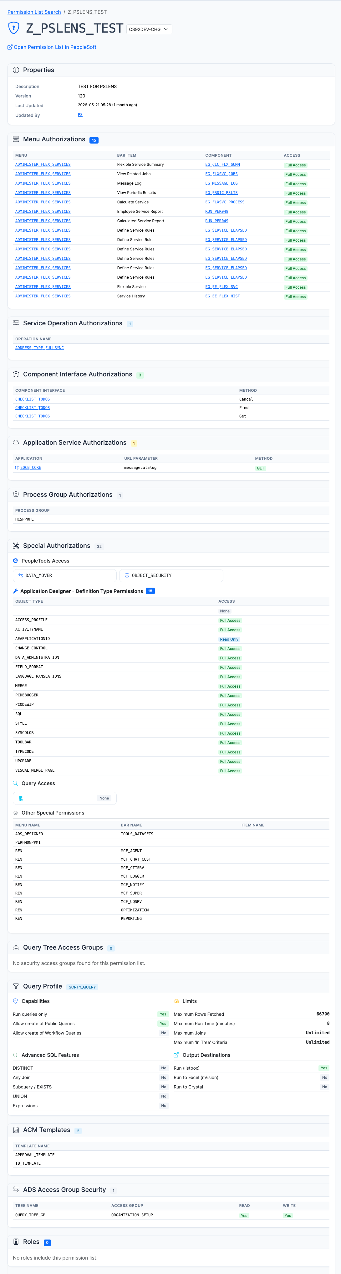 Permission list detail page showing properties, access settings, and related security information