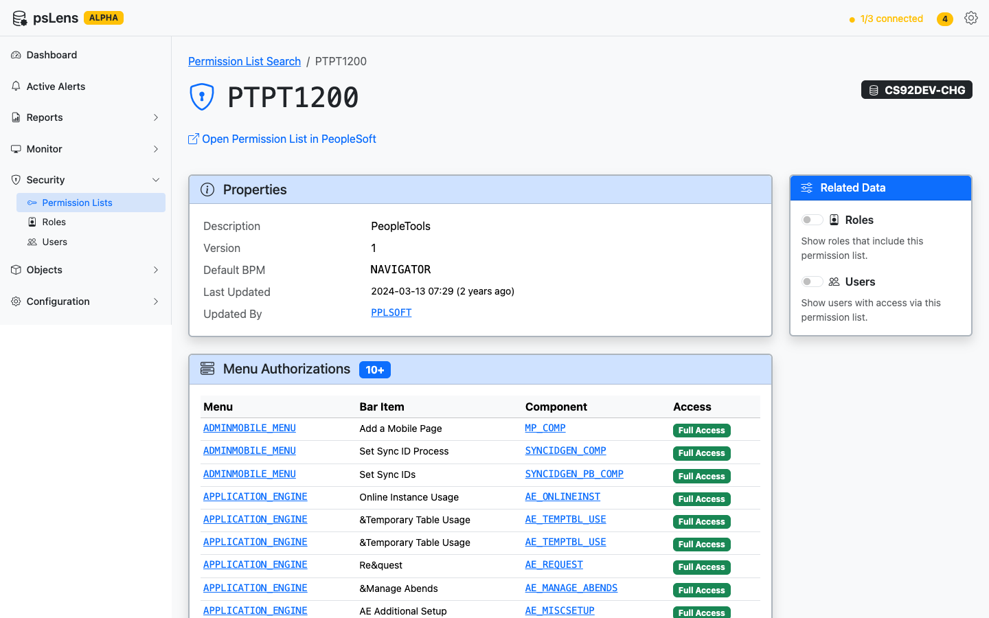 Permission List detail showing properties and menu authorizations