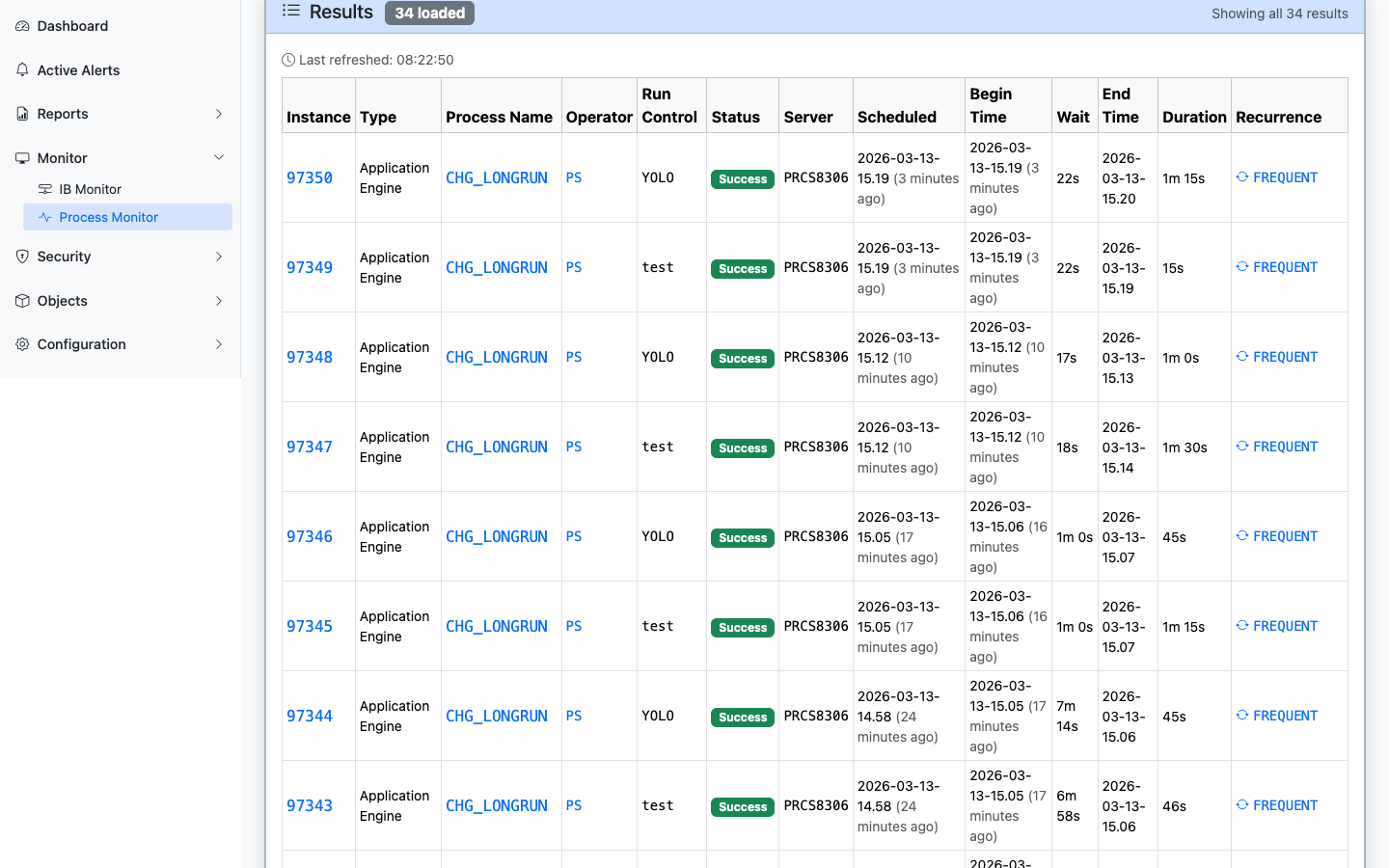 Process Monitor results table with clickable instance links, status badges, and recurrence links