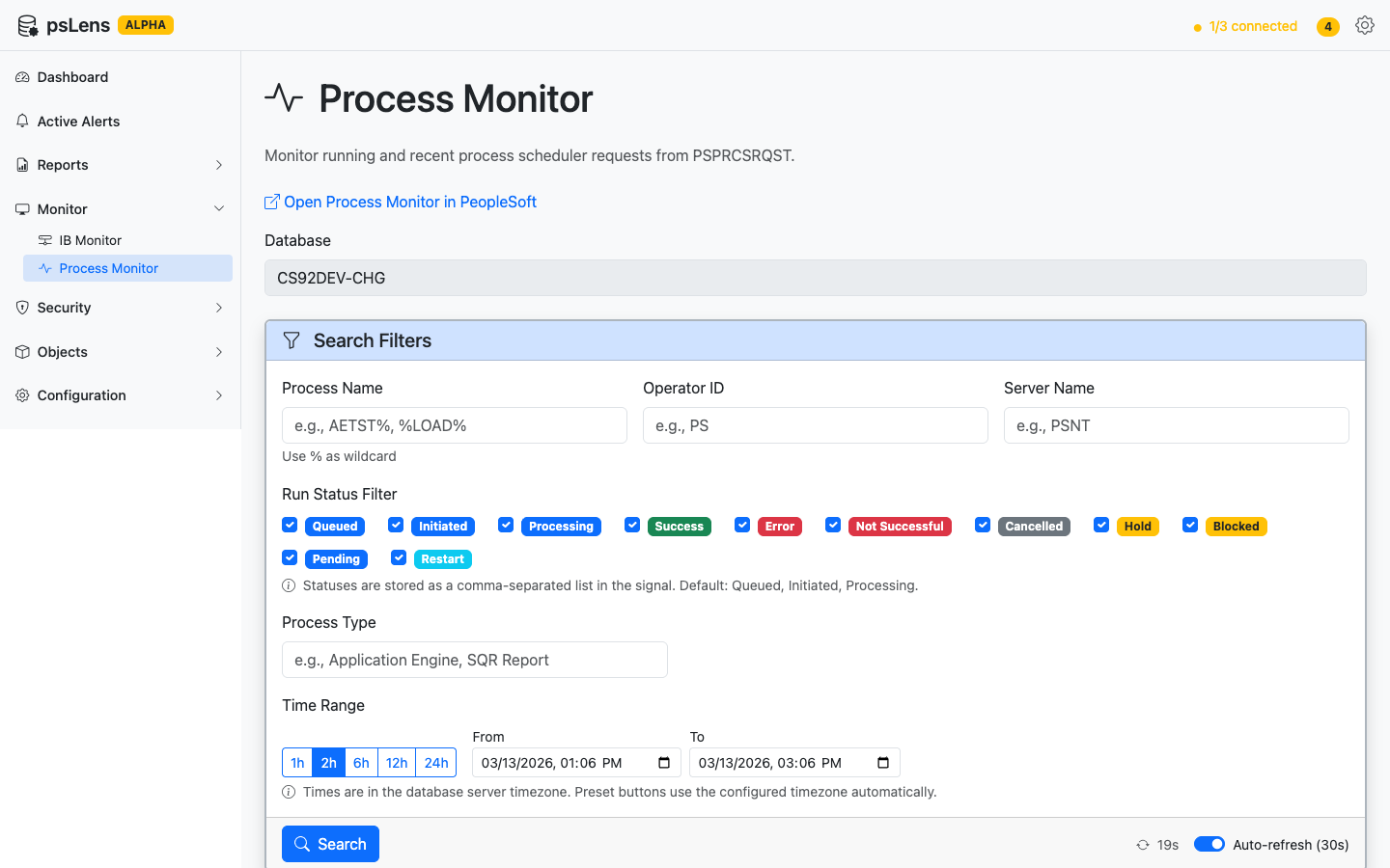 Process Monitor showing running and completed processes with timeline and statistics
