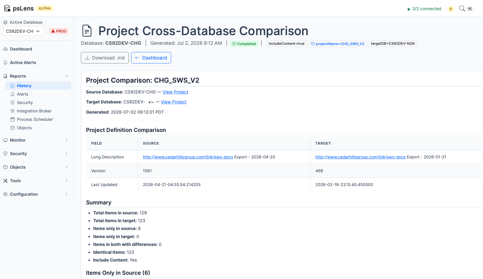 Project compare report output highlighting differences between environments