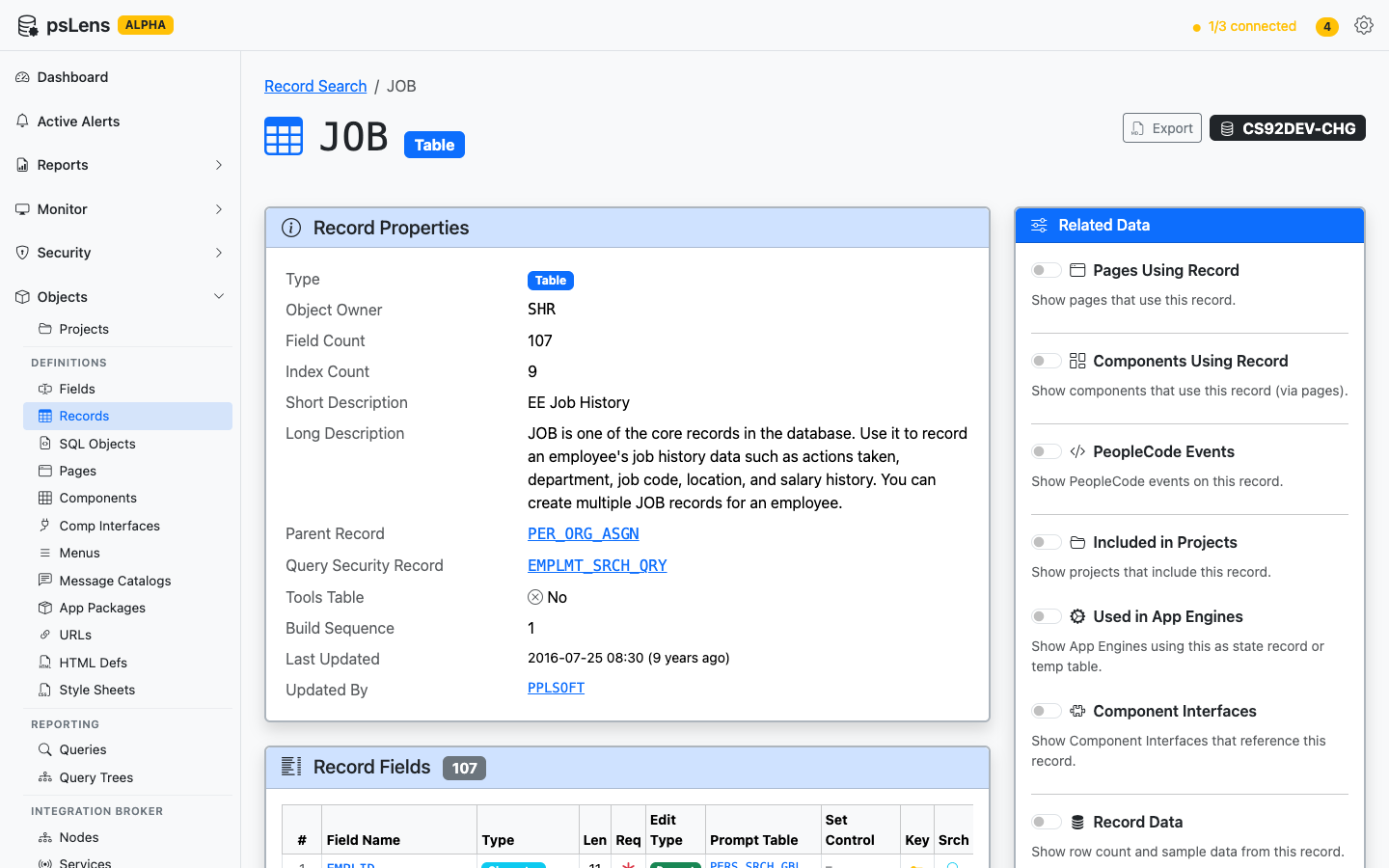 Record detail page showing the kind of structured metadata psLens makes available before export
