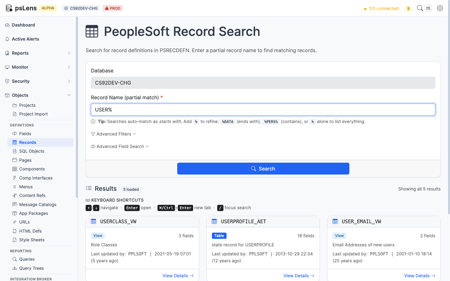 Record search results showing PeopleSoft record definitions
