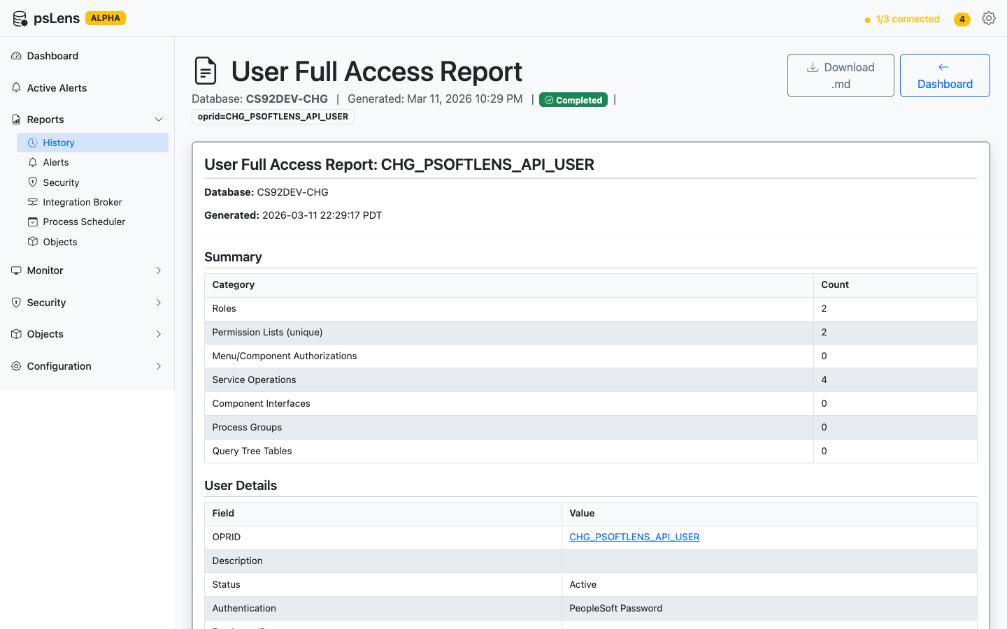 Completed psLens report output rendered in the browser