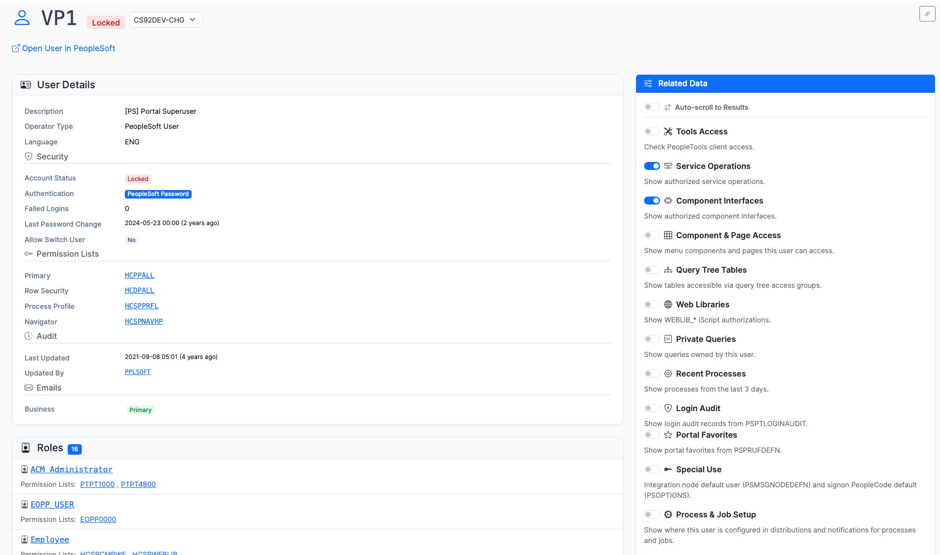 Tracing security access from a user through roles and permission lists to the affected component
