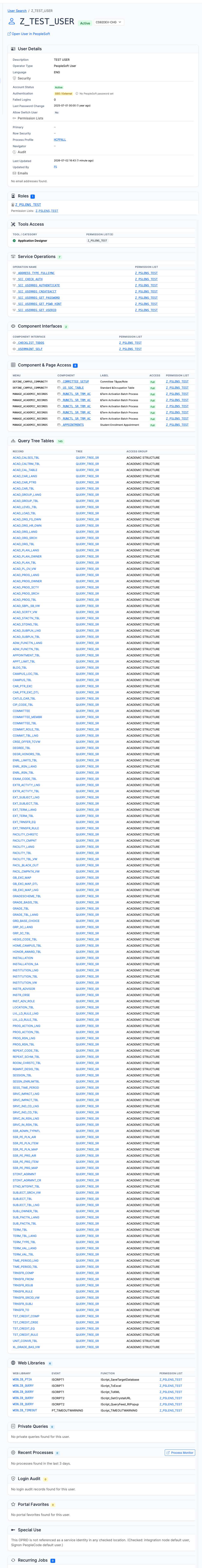 User detail page showing assigned roles, permission lists, account metadata, and recurring jobs