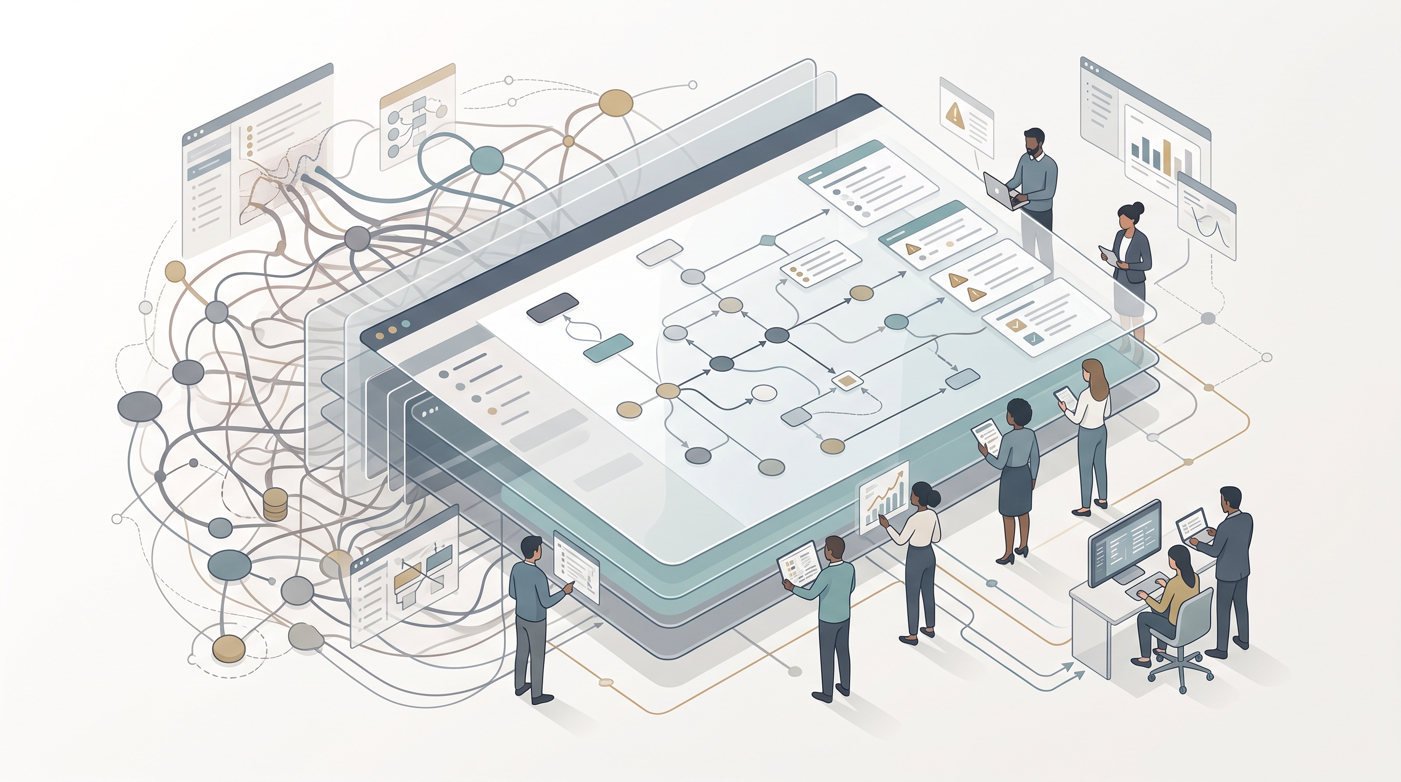 Conceptual illustration of teams safely exploring PeopleSoft objects, security relationships, and operational alerts through a read-only interface